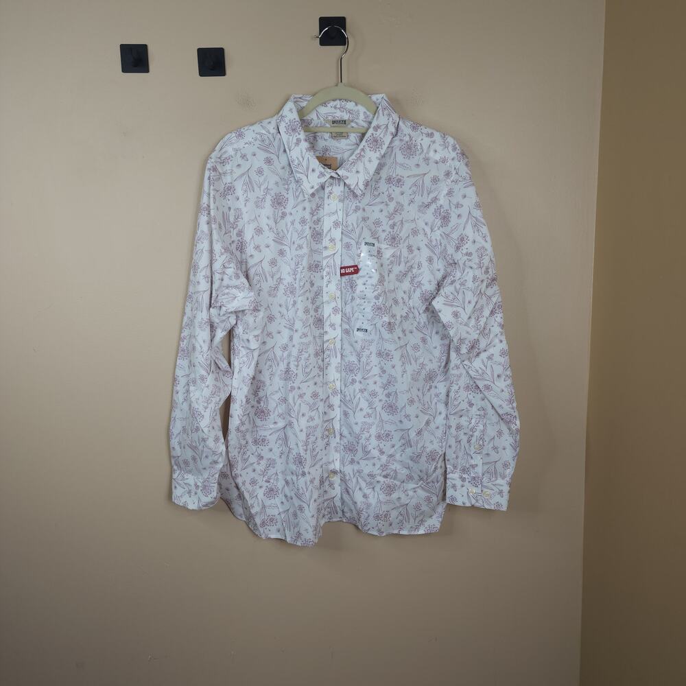 Duluth Plus Wrinklefighter Button Up Shirt White Lavendar Floral Plus Size 1X